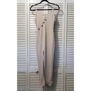 Primi Ribbed Bodycon Slip Dress Women's Small Beige Midi Sleeveless Front Slit